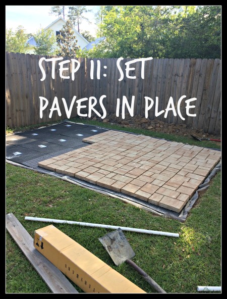 DIY paver patio, step 11, set pavers in place